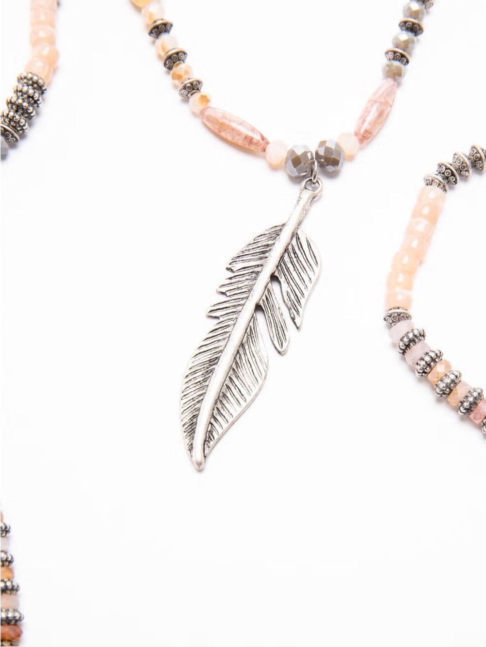 Shyanne moonlit Feather Beaded Lariat Necklace with Gray and Pale Pink Accents